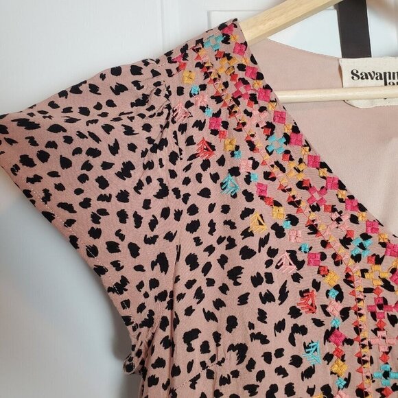 Savanna Jane Peasant Dress Women Small Pink Embroidered Leopard Print Bohemian - Picture 8 of 10